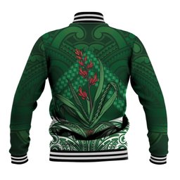Rongoa Maori New Zealand Harakeke Baseball Jacket NZ Weaving Pattern Green