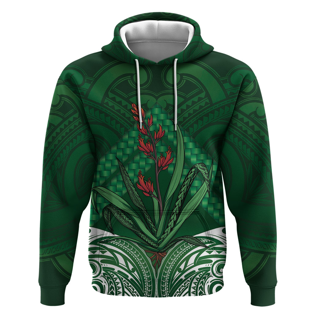 Rongoa Maori New Zealand Harakeke Hoodie NZ Weaving Pattern Green