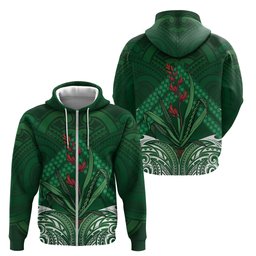 Rongoa Maori New Zealand Harakeke Zip Hoodie NZ Weaving Pattern Green