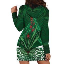 Rongoa Maori New Zealand Harakeke Hoodie Dress NZ Weaving Pattern Green