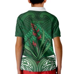 Rongoa Maori New Zealand Harakeke Kid Polo Shirt NZ Weaving Pattern Green