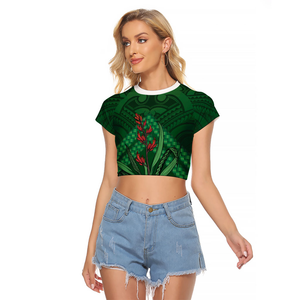 Rongoa Maori New Zealand Harakeke Raglan Cropped T Shirt NZ Weaving Pattern Green