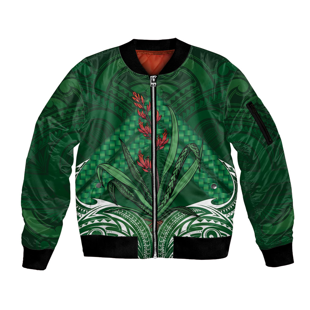 Rongoa Maori New Zealand Harakeke Sleeve Zip Bomber Jacket NZ Weaving Pattern Green