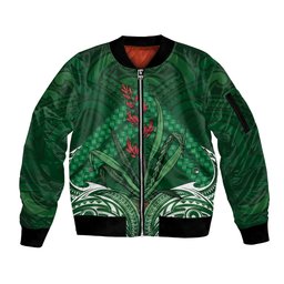 Rongoa Maori New Zealand Harakeke Sleeve Zip Bomber Jacket NZ Weaving Pattern Green