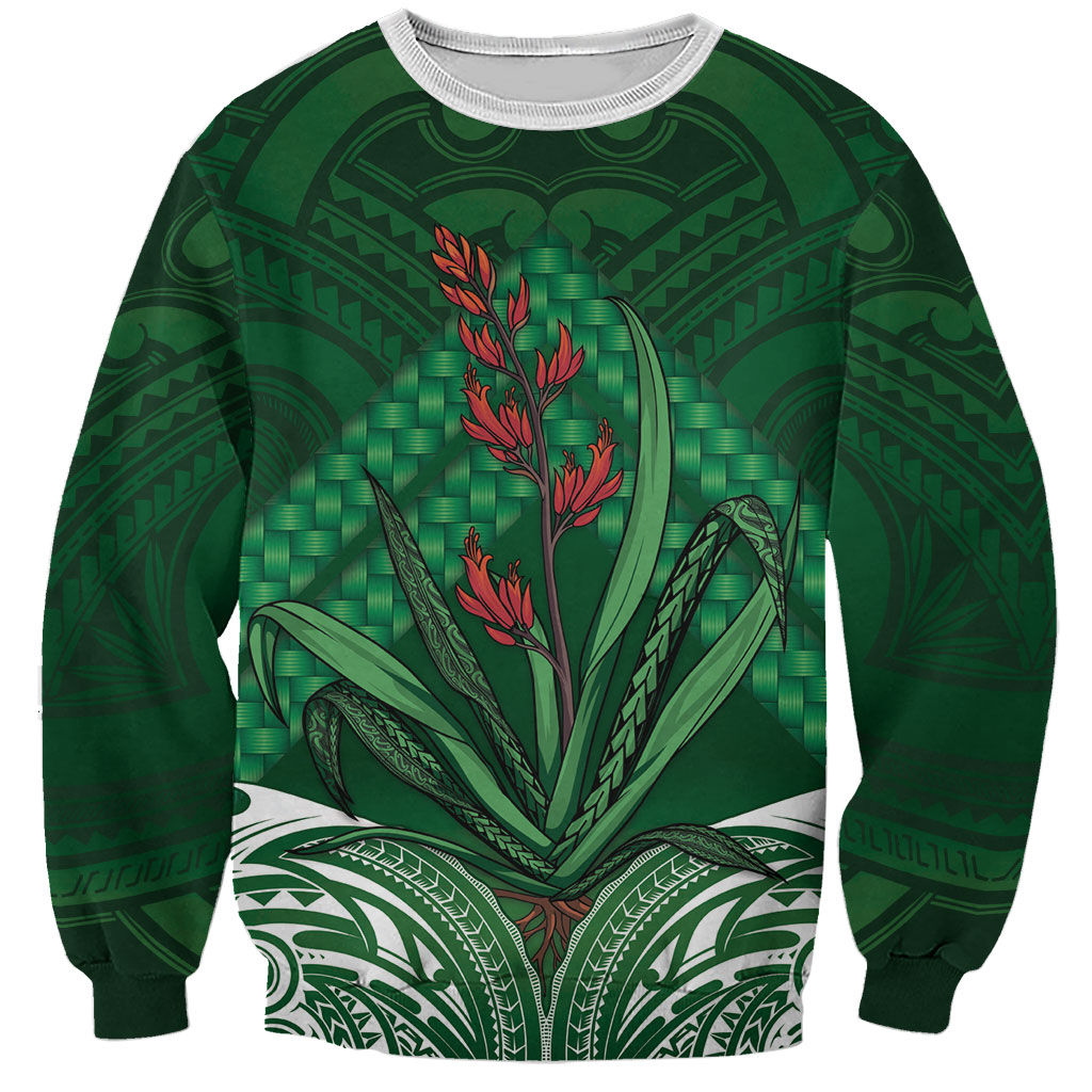 Rongoa Maori New Zealand Harakeke Sweatshirt NZ Weaving Pattern Green