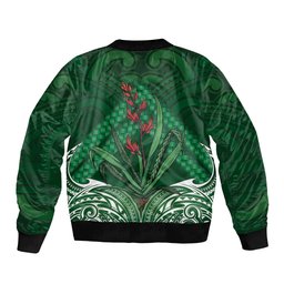 Rongoa Maori New Zealand Harakeke Sleeve Zip Bomber Jacket NZ Weaving Pattern Green