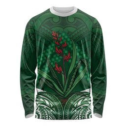 Rongoa Maori New Zealand Harakeke Long Sleeve Shirt NZ Weaving Pattern Green