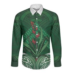 Rongoa Maori New Zealand Harakeke Long Sleeve Button Shirt NZ Weaving Pattern Green