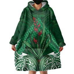 Rongoa Maori New Zealand Harakeke Wearable Blanket Hoodie NZ Weaving Pattern Green