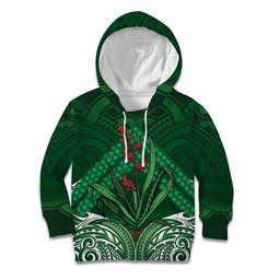 Rongoa Maori New Zealand Harakeke Kid Hoodie NZ Weaving Pattern Green