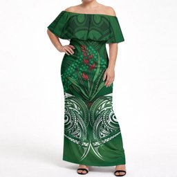 Rongoa Maori New Zealand Harakeke Off Shoulder Maxi Dress NZ Weaving Pattern Green