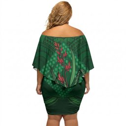 Rongoa Maori New Zealand Harakeke Off Shoulder Short Dress NZ Weaving Pattern Green