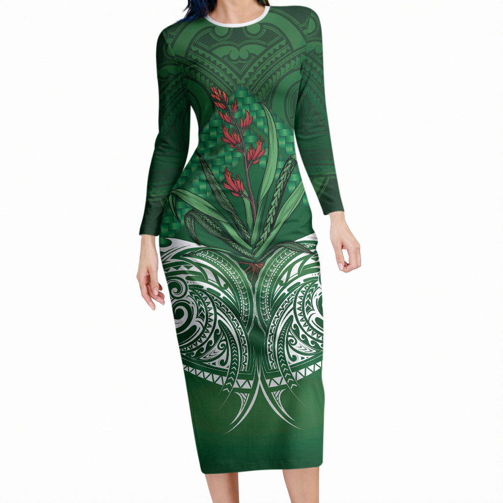 Rongoa Maori New Zealand Harakeke Long Sleeve Bodycon Dress NZ Weaving Pattern Green