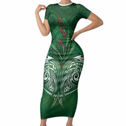 Rongoa Maori New Zealand Harakeke Short Sleeve Bodycon Dress NZ Weaving Pattern Green
