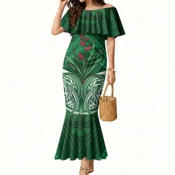 Rongoa Maori New Zealand Harakeke Mermaid Dress NZ Weaving Pattern Green