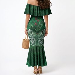 Rongoa Maori New Zealand Harakeke Mermaid Dress NZ Weaving Pattern Green
