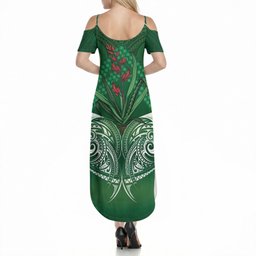 Rongoa Maori New Zealand Harakeke Summer Maxi Dress NZ Weaving Pattern Green