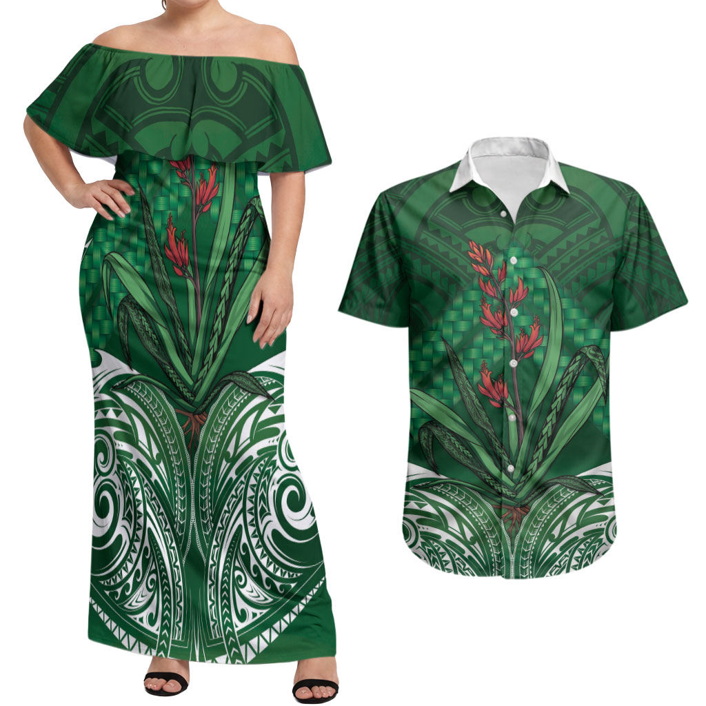 Rongoa Maori New Zealand Harakeke Couples Matching Off Shoulder Maxi Dress and Hawaiian Shirt NZ Weaving Pattern Green