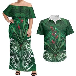 Rongoa Maori New Zealand Harakeke Couples Matching Off Shoulder Maxi Dress and Hawaiian Shirt NZ Weaving Pattern Green
