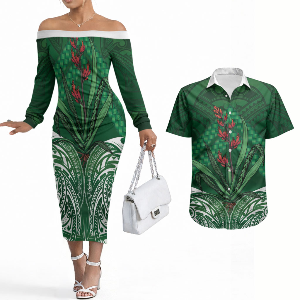 Rongoa Maori New Zealand Harakeke Couples Matching Off The Shoulder Long Sleeve Dress and Hawaiian Shirt NZ Weaving Pattern Green