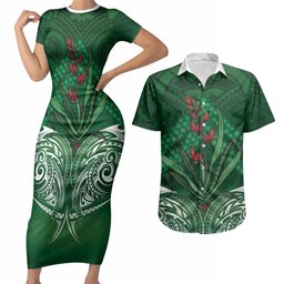 Rongoa Maori New Zealand Harakeke Couples Matching Short Sleeve Bodycon Dress and Hawaiian Shirt NZ Weaving Pattern Green