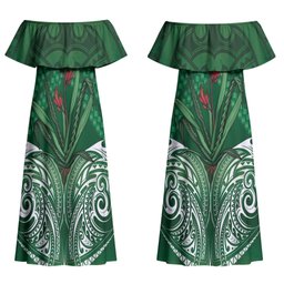 Rongoa Maori New Zealand Harakeke Couples Matching Off Shoulder Maxi Dress and Hawaiian Shirt NZ Weaving Pattern Green