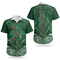 Rongoa Maori New Zealand Harakeke Couples Matching Short Sleeve Bodycon Dress and Hawaiian Shirt NZ Weaving Pattern Green