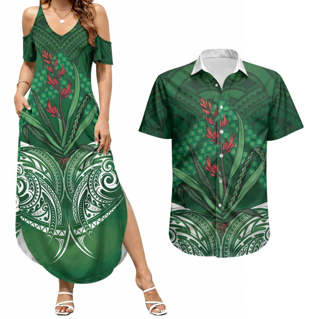 Rongoa Maori New Zealand Harakeke Couples Matching Summer Maxi Dress and Hawaiian Shirt NZ Weaving Pattern Green