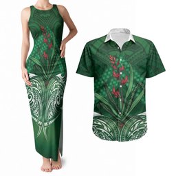 Rongoa Maori New Zealand Harakeke Couples Matching Tank Maxi Dress and Hawaiian Shirt NZ Weaving Pattern Green
