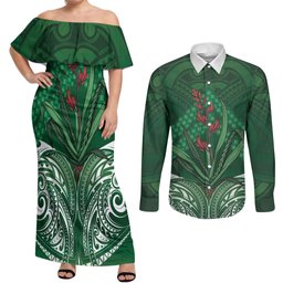 Rongoa Maori New Zealand Harakeke Couples Matching Off Shoulder Maxi Dress and Long Sleeve Button Shirt NZ Weaving Pattern Green