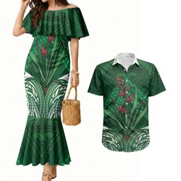 Rongoa Maori New Zealand Harakeke Couples Matching Mermaid Dress and Hawaiian Shirt NZ Weaving Pattern Green
