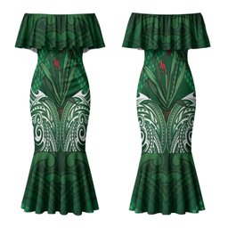 Rongoa Maori New Zealand Harakeke Couples Matching Mermaid Dress and Hawaiian Shirt NZ Weaving Pattern Green