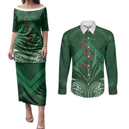 Rongoa Maori New Zealand Harakeke Couples Matching Puletasi and Long Sleeve Button Shirt NZ Weaving Pattern Green