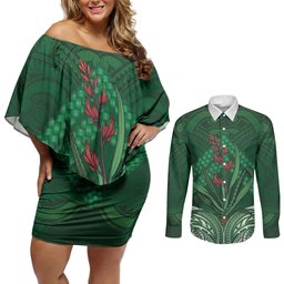 Rongoa Maori New Zealand Harakeke Couples Matching Off Shoulder Short Dress and Long Sleeve Button Shirt NZ Weaving Pattern Green