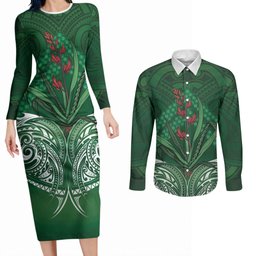 Rongoa Maori New Zealand Harakeke Couples Matching Long Sleeve Bodycon Dress and Long Sleeve Button Shirt NZ Weaving Pattern Green
