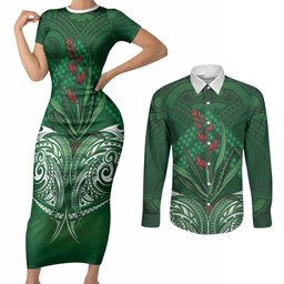 Rongoa Maori New Zealand Harakeke Couples Matching Short Sleeve Bodycon Dress and Long Sleeve Button Shirt NZ Weaving Pattern Green