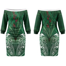 Rongoa Maori New Zealand Harakeke Couples Matching Off The Shoulder Long Sleeve Dress and Long Sleeve Button Shirt NZ Weaving Pattern Green
