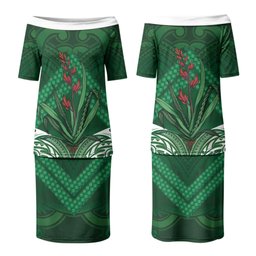 Rongoa Maori New Zealand Harakeke Couples Matching Puletasi and Long Sleeve Button Shirt NZ Weaving Pattern Green