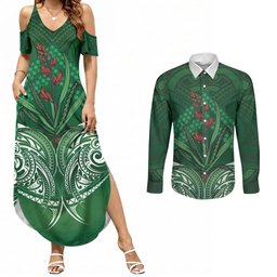 Rongoa Maori New Zealand Harakeke Couples Matching Summer Maxi Dress and Long Sleeve Button Shirt NZ Weaving Pattern Green
