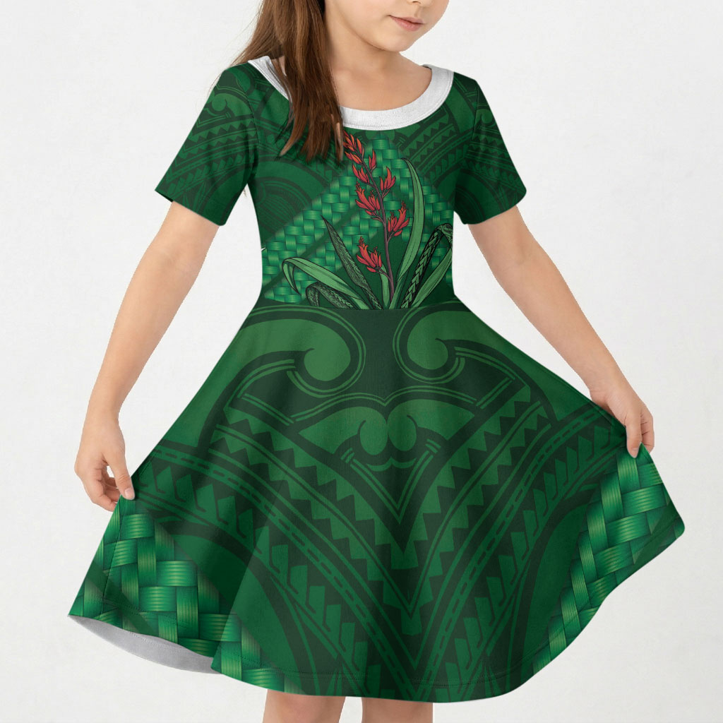 Rongoa Maori New Zealand Harakeke Kid Short Sleeve Dress NZ Weaving Pattern Green