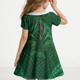 Rongoa Maori New Zealand Harakeke Kid Short Sleeve Dress NZ Weaving Pattern Green