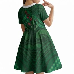 Rongoa Maori New Zealand Harakeke Kid Short Sleeve Dress NZ Weaving Pattern Green