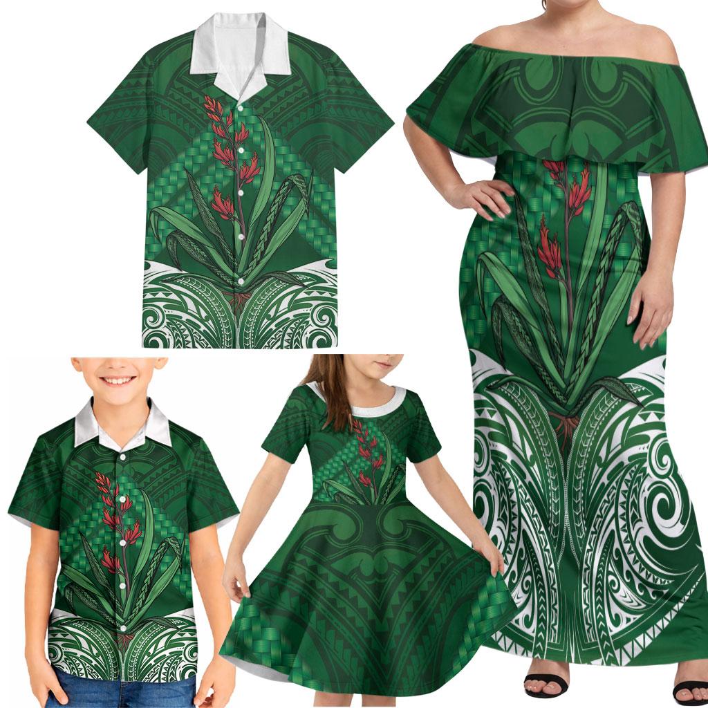 Rongoa Maori New Zealand Harakeke Family Matching Off Shoulder Maxi Dress and Hawaiian Shirt NZ Weaving Pattern Green