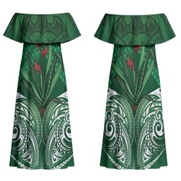 Rongoa Maori New Zealand Harakeke Family Matching Off Shoulder Maxi Dress and Hawaiian Shirt NZ Weaving Pattern Green