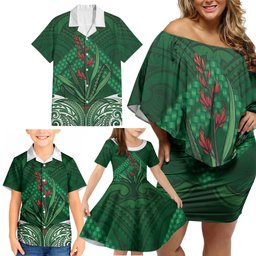 Rongoa Maori New Zealand Harakeke Family Matching Off Shoulder Short Dress and Hawaiian Shirt NZ Weaving Pattern Green