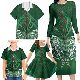 Rongoa Maori New Zealand Harakeke Family Matching Long Sleeve Bodycon Dress and Hawaiian Shirt NZ Weaving Pattern Green