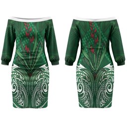 Rongoa Maori New Zealand Harakeke Family Matching Off The Shoulder Long Sleeve Dress and Hawaiian Shirt NZ Weaving Pattern Green