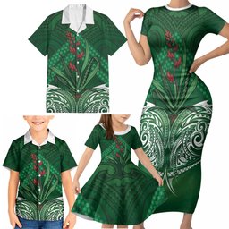Rongoa Maori New Zealand Harakeke Family Matching Short Sleeve Bodycon Dress and Hawaiian Shirt NZ Weaving Pattern Green