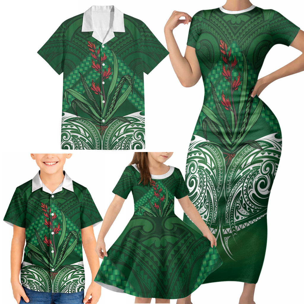 Rongoa Maori New Zealand Harakeke Family Matching Short Sleeve Bodycon Dress and Hawaiian Shirt NZ Weaving Pattern Green