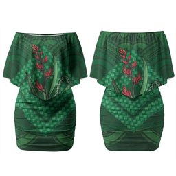 Rongoa Maori New Zealand Harakeke Family Matching Off Shoulder Short Dress and Hawaiian Shirt NZ Weaving Pattern Green
